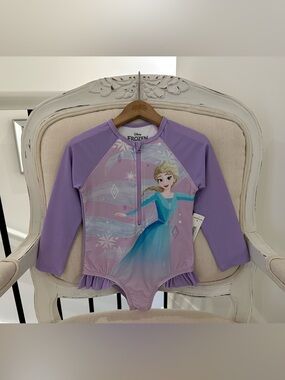 🤍 4T Disney Frozen Girls' Purple Long Sleeve Elsa One-Piece Ruffled Swimsuit NWT